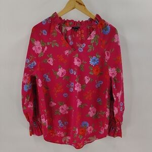 Ann Taylor Blouse Medium Floral Long Sleeve Smock Cuff V-neck Dark Pink